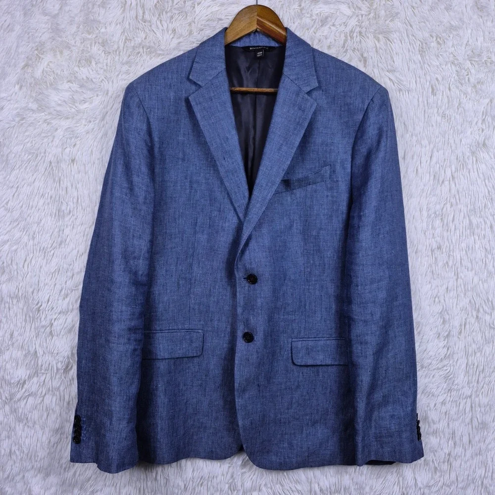 Banana Republic Mens 42R Slim Fit Linen Blazer Comet Blue 2-Button Jacket